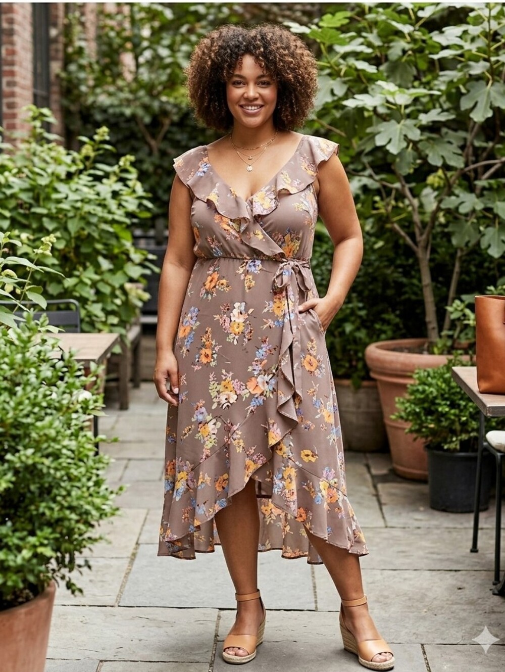 Floral Ruffle Wrap Midi Dress in Taupe